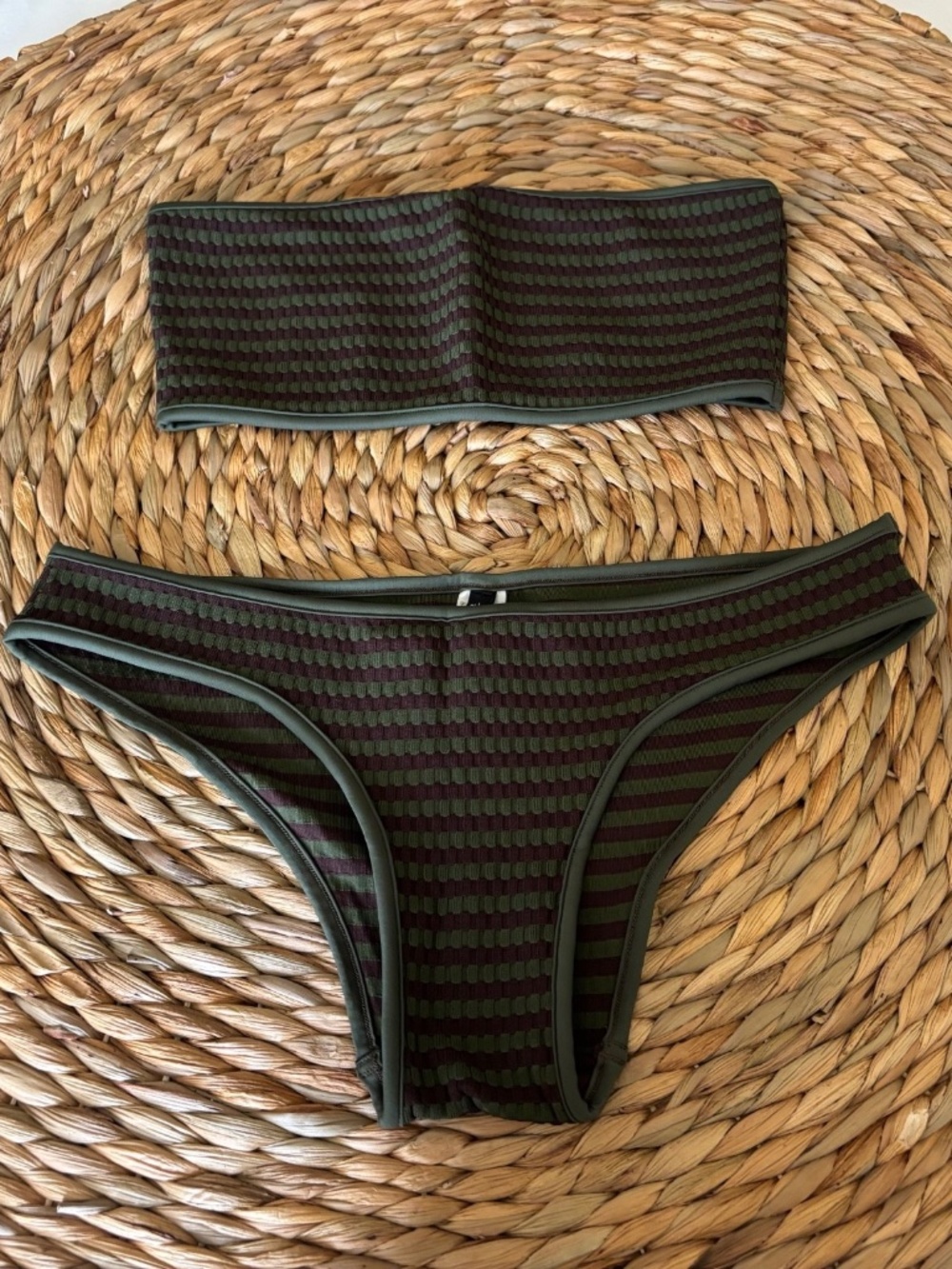 LAURA URBINATI Made in Italy OLIVE / BROWN Stripe BANDEAU Bikini 42 IT Designer